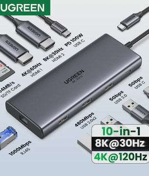 UGREEN 10-in-1 USB-C Hub: 8K/4K Dual HDMI, RJ45, USB 3.0, PD 100W - Docking Station voor MacBook & Laptop