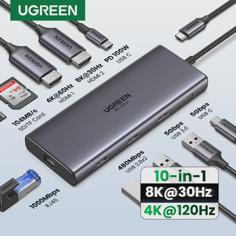 UGREEN 10-in-1 USB-C Hub: 8K/4K Dual HDMI, RJ45, USB 3.0, PD 100W - Docking Station voor MacBook & Laptop