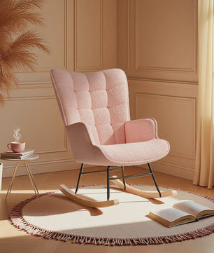 Roze Teddy Fluweel Schommelstoel met Armleuningen - Comfortabele Fauteuil voor Woonkamer & Slaapkamer