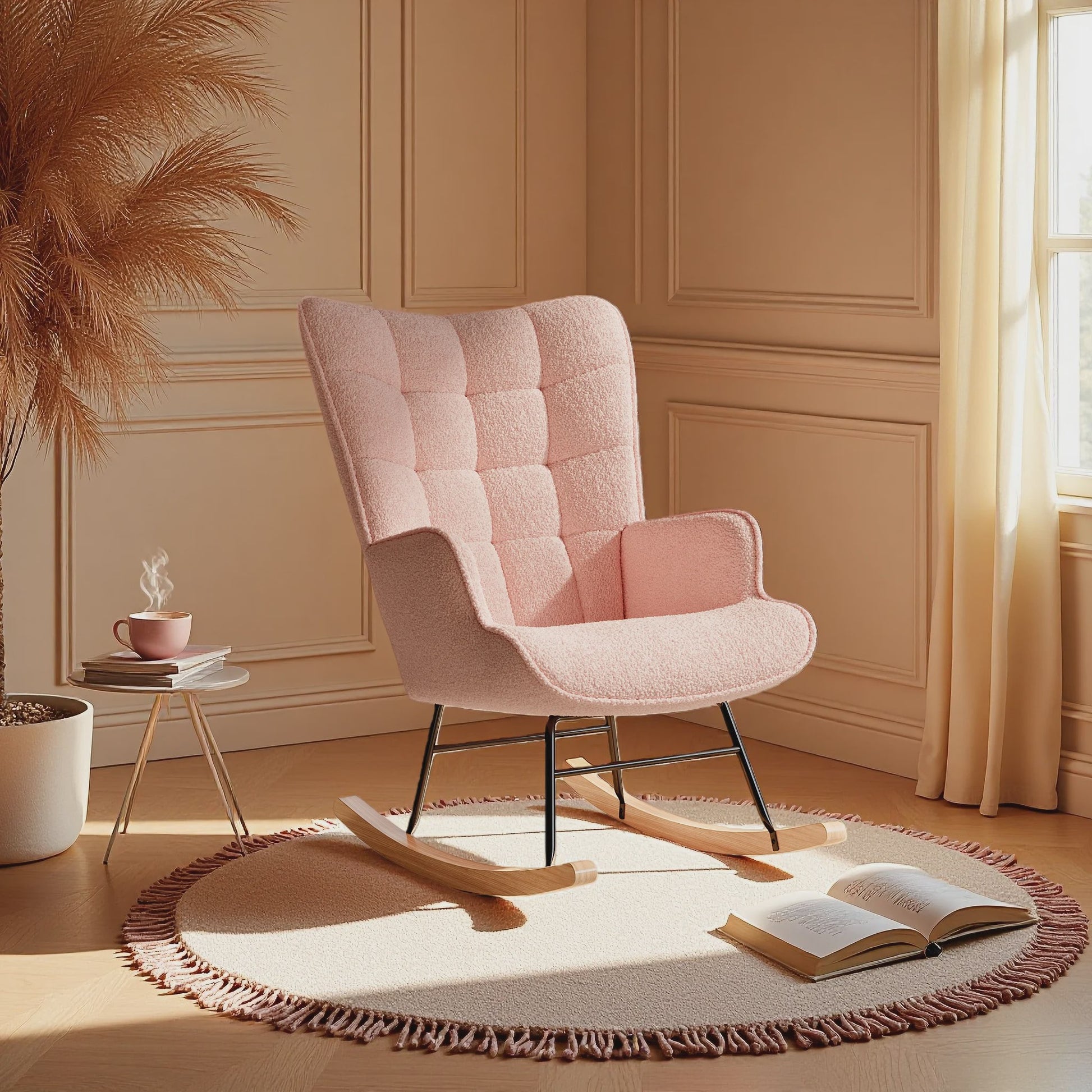 Roze Teddy Fluweel Schommelstoel met Armleuningen - Comfortabele Fauteuil voor Woonkamer & Slaapkamer