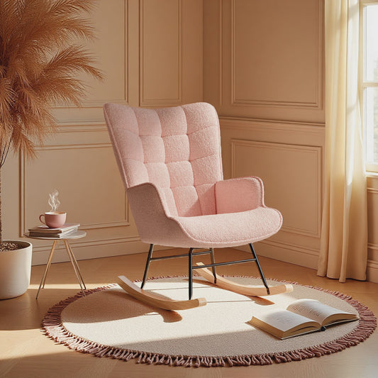 Roze Teddy Fluweel Schommelstoel met Armleuningen - Comfortabele Fauteuil voor Woonkamer & Slaapkamer