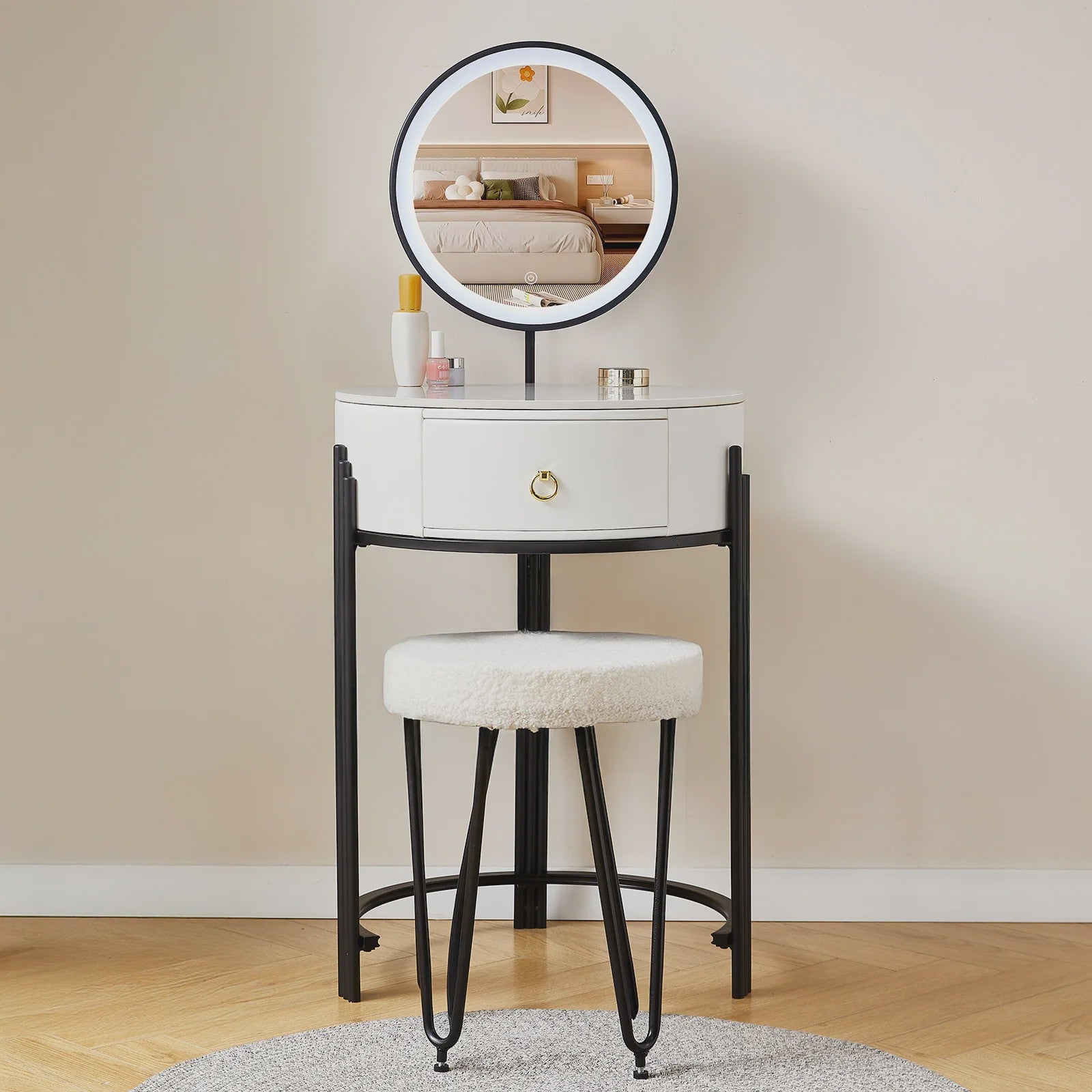Kaptafel met LED Verlichting, Spiegel, Lade en Kruk - Modern Design