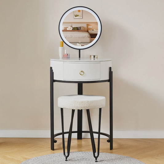 Kaptafel met LED Verlichting, Spiegel, Lade en Kruk - Modern Design
