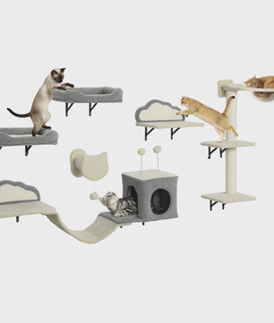 PawHut Wandmeubel voor Katten: 6-delige set met klimboom, hangmat en krabpaal