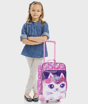 Roze Kinderkoffer met Kattenprint en Pailletten - 18 inch Handbagage