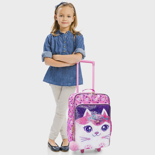 Roze Kinderkoffer met Kattenprint en Pailletten - 18 inch Handbagage