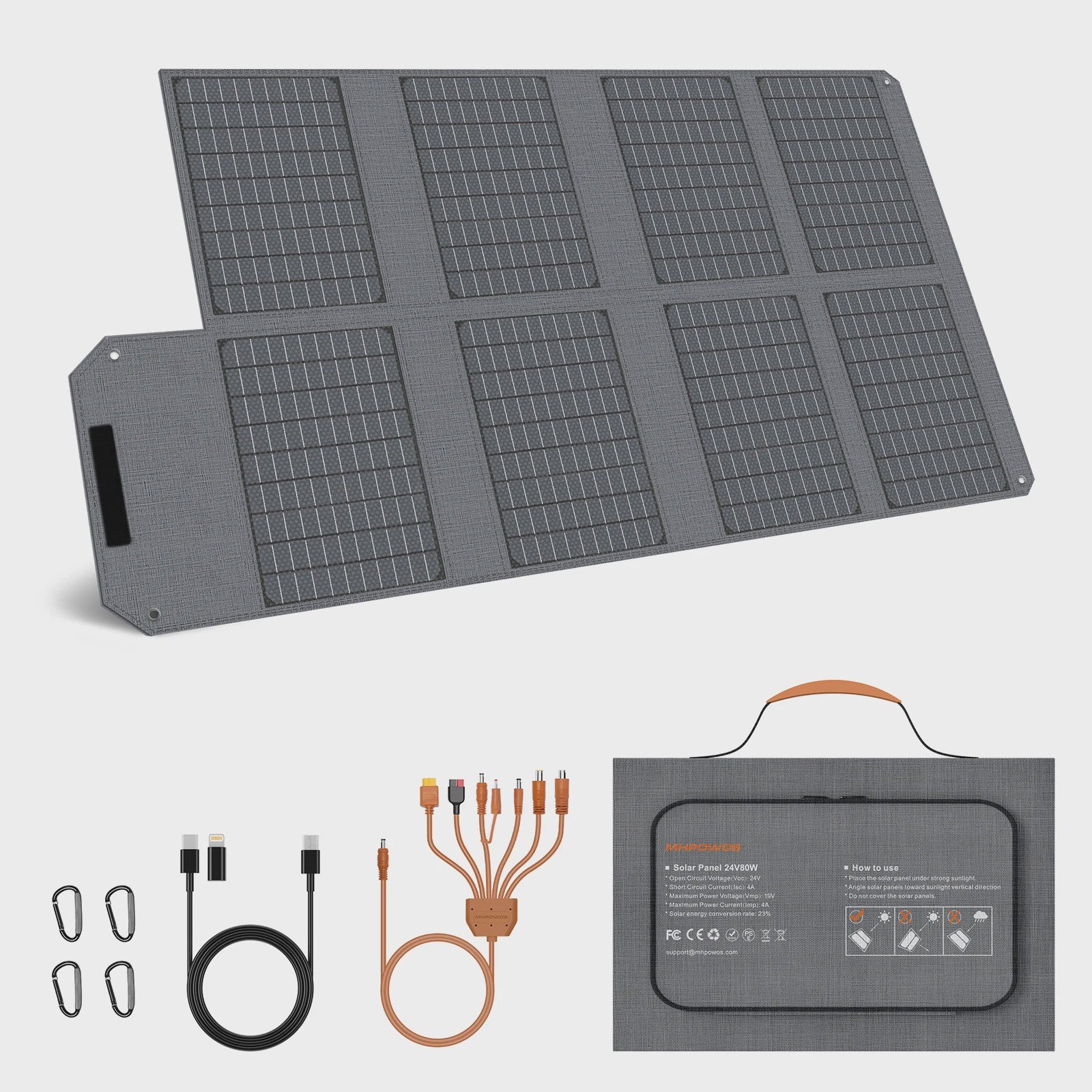 MHPOWOS 80W Opvouwbaar Zonnepaneel - Draagbare Powerbank met 4 Poorten & 7-in-1 Kabel voor Noodstroom