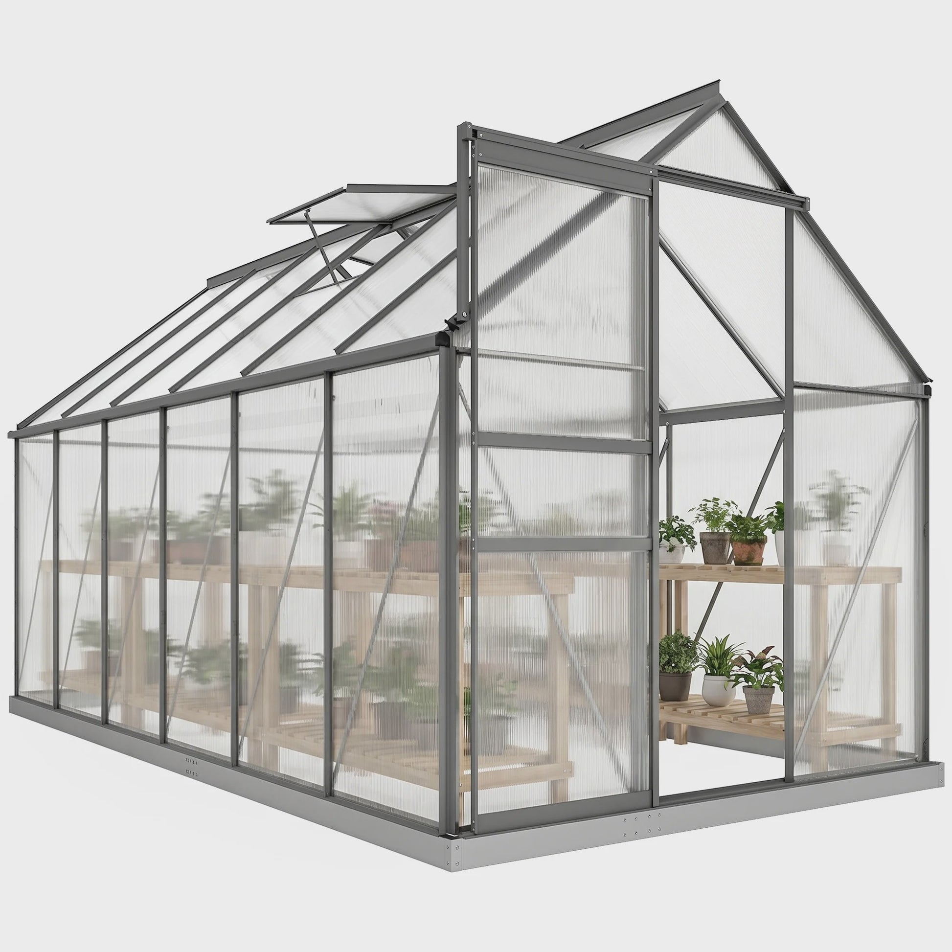 Outsunny Polycarbonaat Aluminium Tuinkas met Fundering - Schuifdeur & Verstelbaar Raam - 190x199 cm
