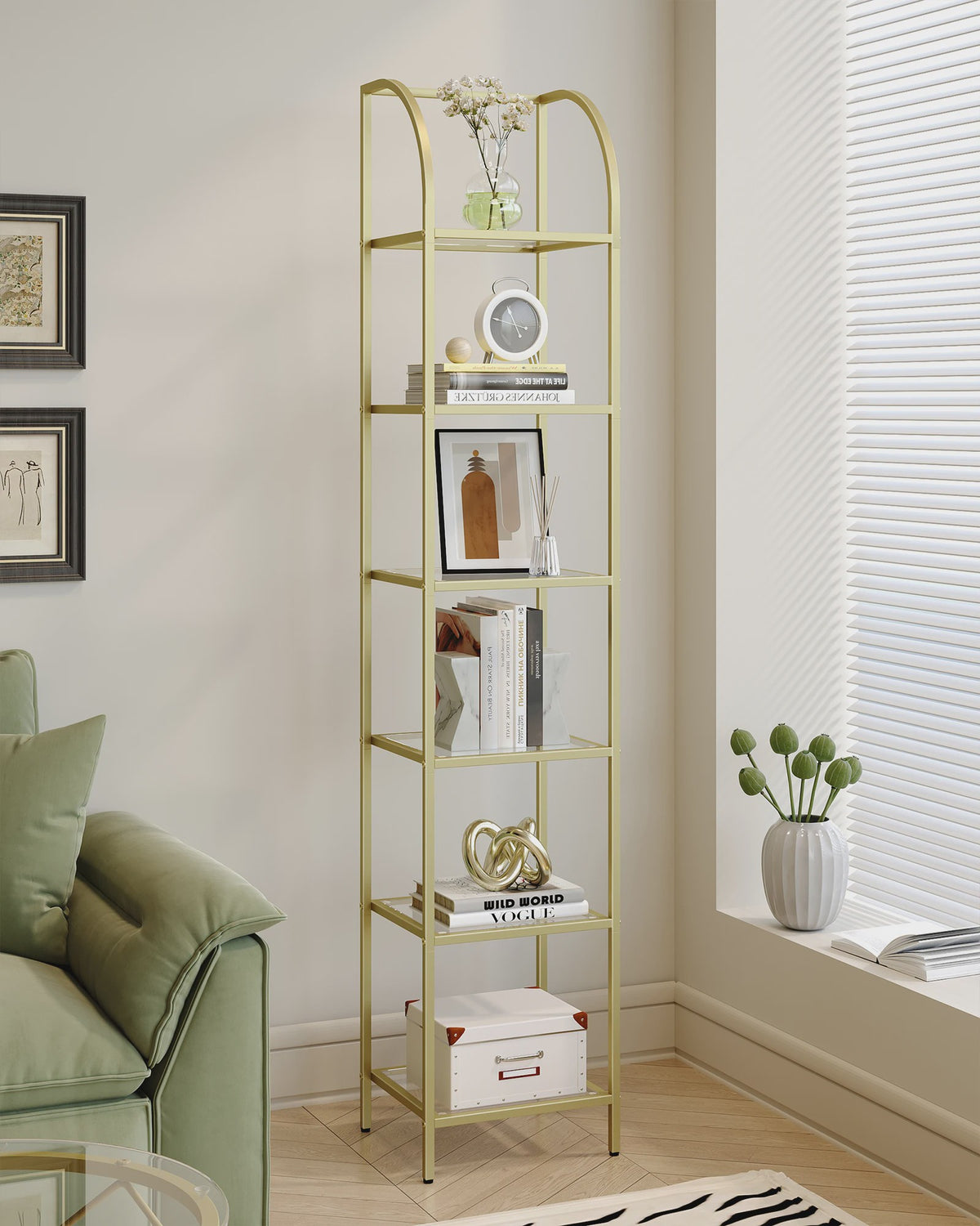 Gouden Boekenkast met 6 Verdiepingen en Gehard Glazen Planken - Stijlvolle Display Unit