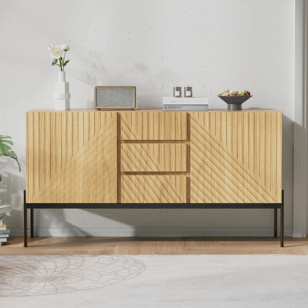 Stijlvol Houten Dressoir met 2 Deuren, 3 Lades en Metalen Poten - 140cm Breed