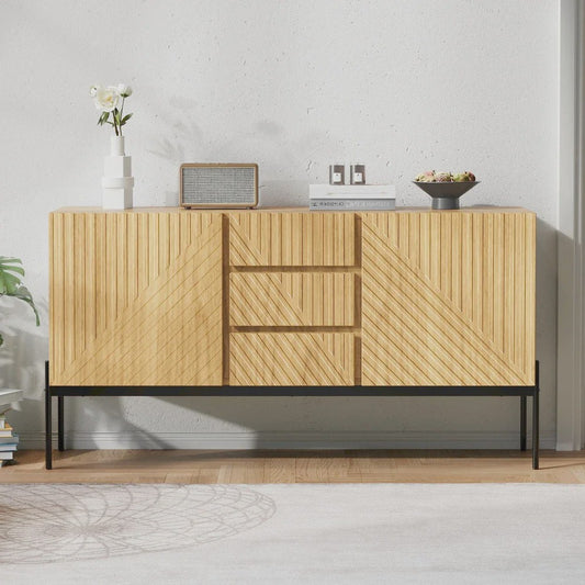 Stijlvol Houten Dressoir met 2 Deuren, 3 Lades en Metalen Poten - 140cm Breed
