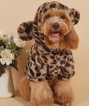 Pluche Honden Hoodie met Luipaardprint en Oren - Comfortabele Kleding voor Kleine en Middelgrote Honden