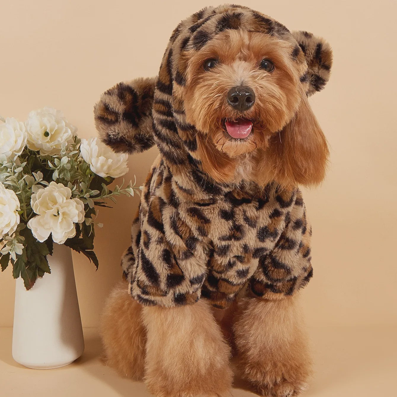 Pluche Honden Hoodie met Luipaardprint en Oren - Comfortabele Kleding voor Kleine en Middelgrote Honden