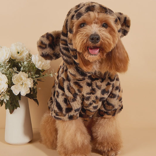 Pluche Honden Hoodie met Luipaardprint en Oren - Comfortabele Kleding voor Kleine en Middelgrote Honden