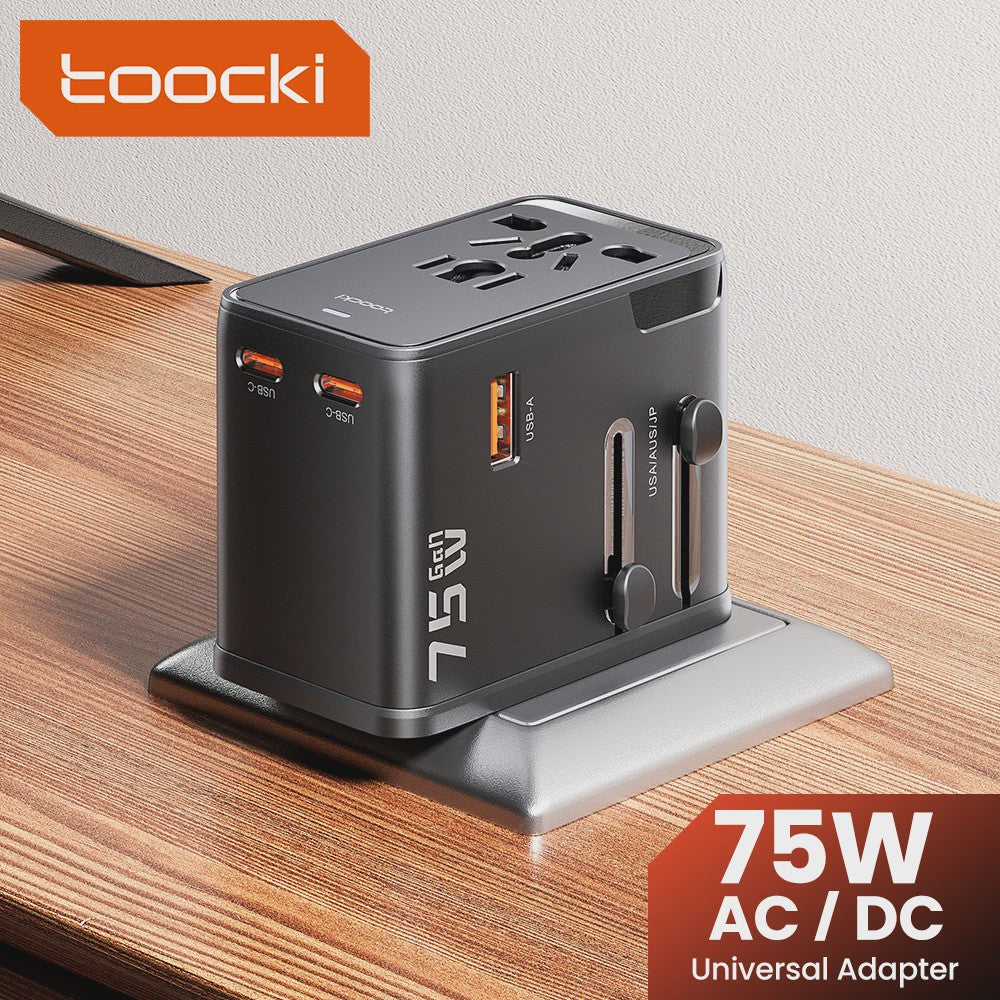 Toocki GaN 75W Universele Reisadapter: Wereldwijd opladen met 1 AC, 1 USB & 2 Type-C (45W PD)