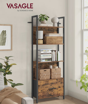 VASAGLE Industriële Boekenkast met Lade - 5 Lagen, Ladder Design, Staal Frame
