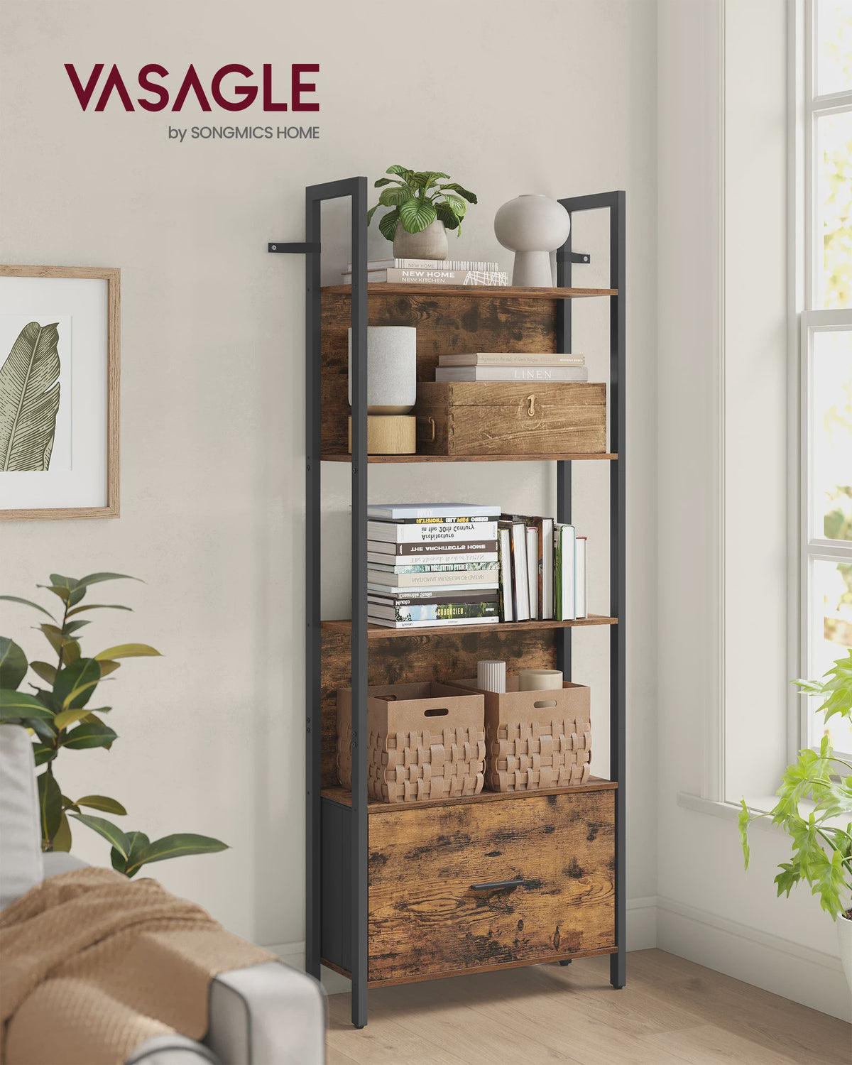 VASAGLE Industriële Boekenkast met Lade - 5 Lagen, Ladder Design, Staal Frame