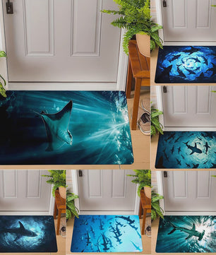 Unieke Deurmat met Oceaan Dieren: Manta, Hamerhaai & Witte Haai - Onderwater Kunst