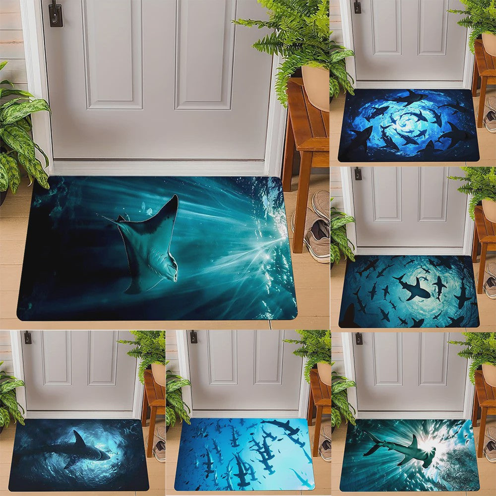 Unieke Deurmat met Oceaan Dieren: Manta, Hamerhaai & Witte Haai - Onderwater Kunst