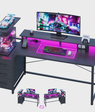 Gaming Bureau met LED Verlichting, Stopcontacten en Opbergvakken - 148x48x148 cm