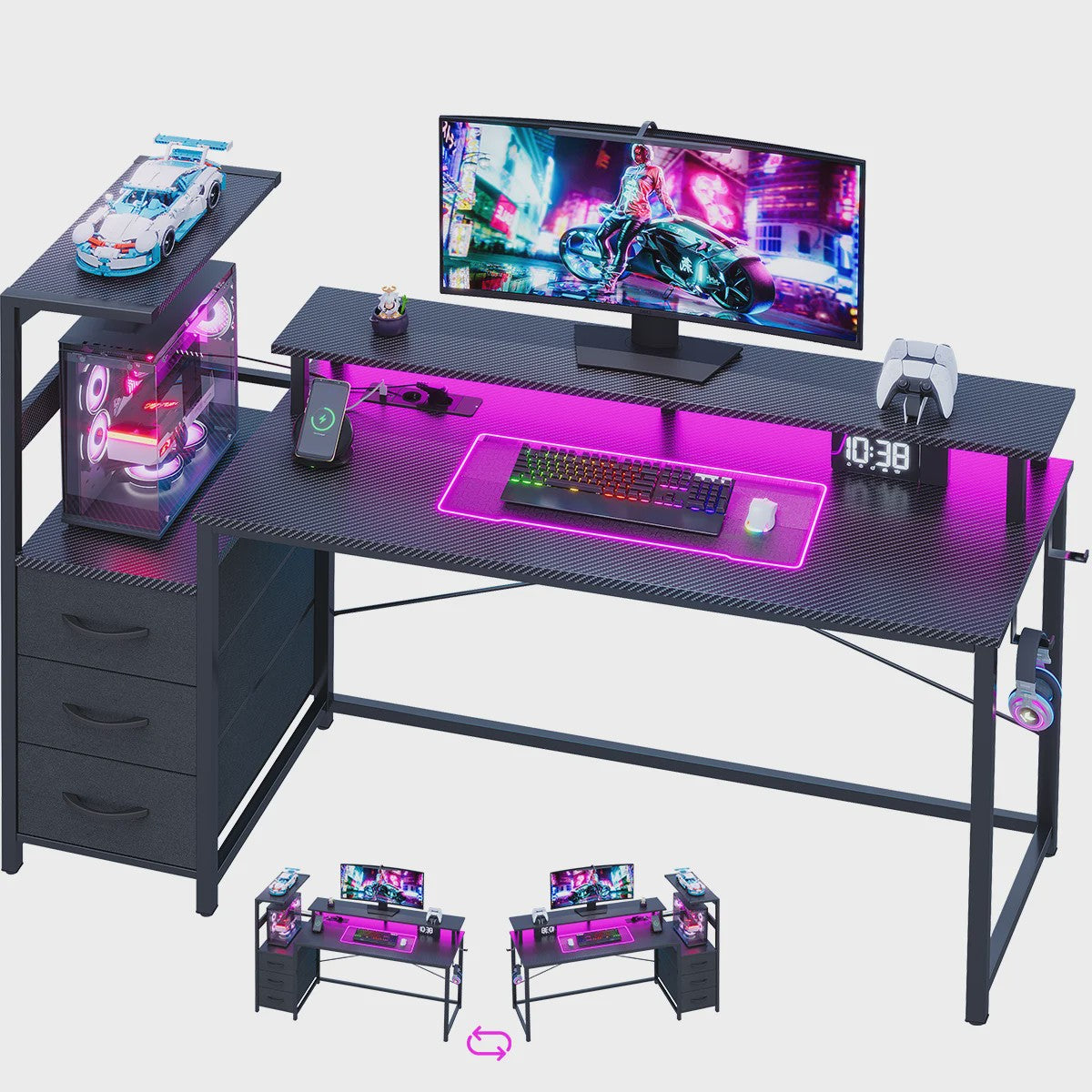 Gaming Bureau met LED Verlichting, Stopcontacten en Opbergvakken - 148x48x148 cm