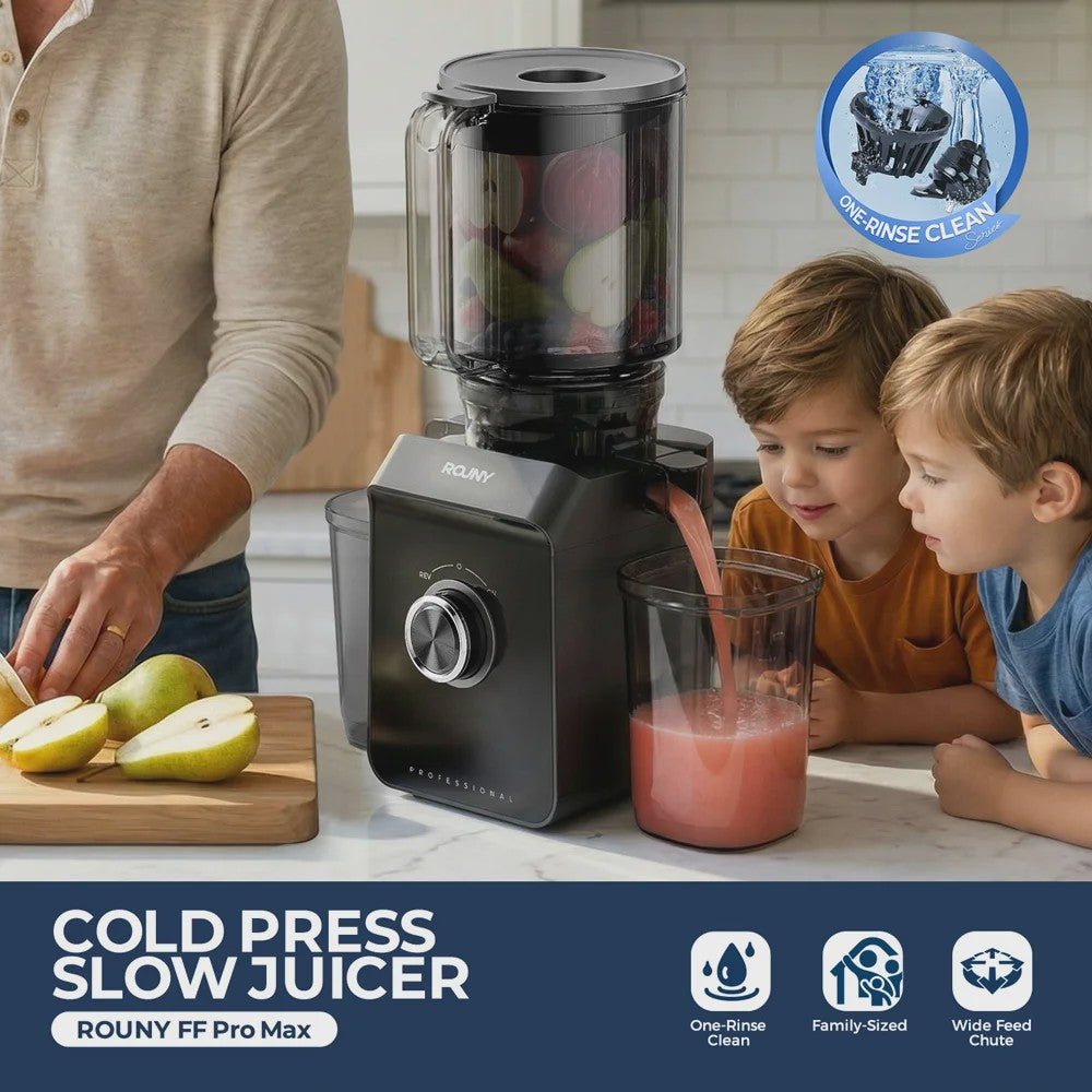 ROUNY Slow Juicer: Filter-Free Cold Press met Extra Brede 130mm Invoer & Eenvoudige Reiniging