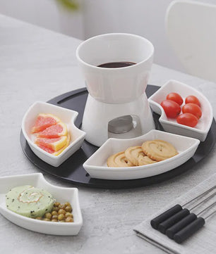 Keramische Fondue Set: Chocolade & Kaas Fondue met 4 Dipkommen, Vorken en Houten Plateau