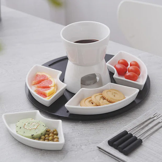 Keramische Fondue Set: Chocolade & Kaas Fondue met 4 Dipkommen, Vorken en Houten Plateau