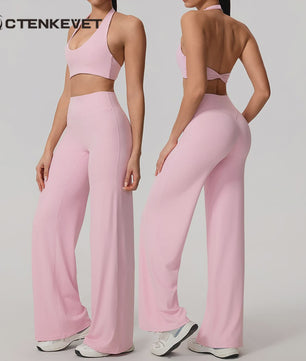 Dames Sportset: Sneldrogende Yoga Top met U-hals en Bell-Bottoms