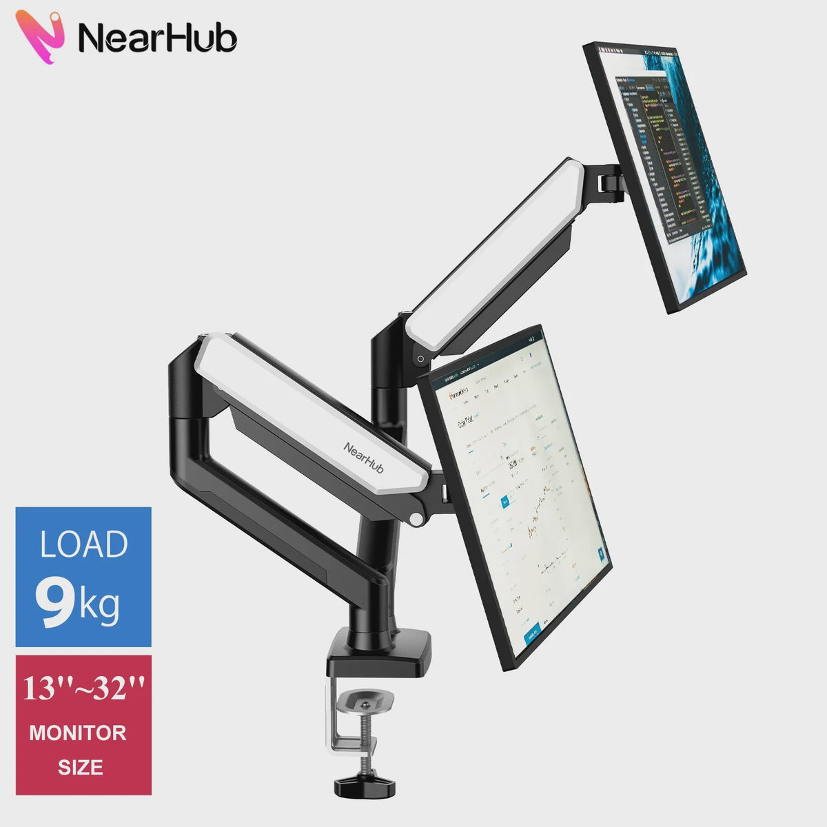 NearHub MS-002 Dubbele Monitor Arm met Klem- en Grommetbevestiging - Ergonomisch & Flexibel