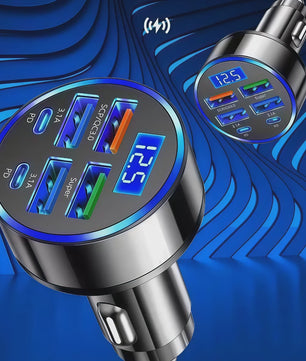 6-in-1 Auto Oplader: Super Snel Laden met 4 USB & 2 USB-C Poorten en Digitale Voltage Monitor