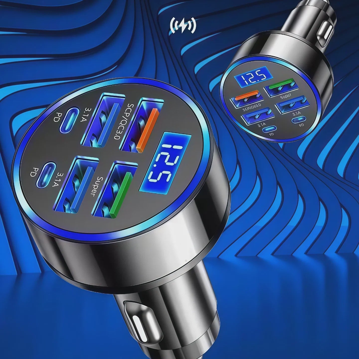 6-in-1 Auto Oplader: Super Snel Laden met 4 USB & 2 USB-C Poorten en Digitale Voltage Monitor