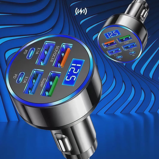 6-in-1 Auto Oplader: Super Snel Laden met 4 USB & 2 USB-C Poorten en Digitale Voltage Monitor