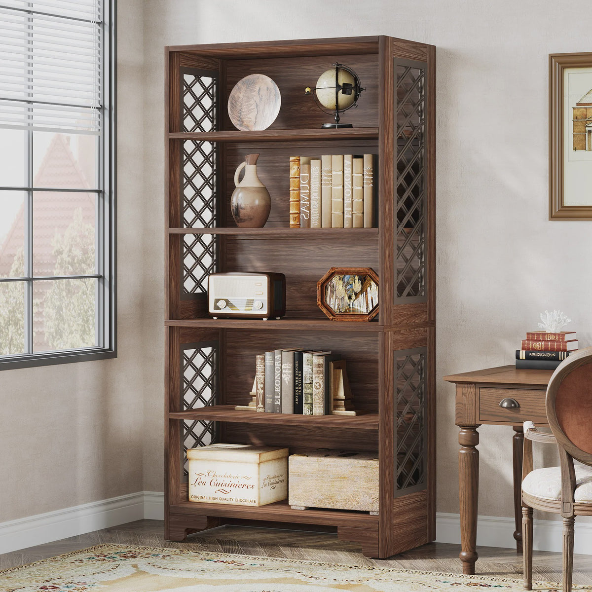 Industriële Boekenkast 180cm Hoog - Vintage Bruin Hout - 6 Open Planken