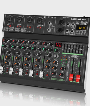 FULUODE V-600 Professionele 6-Kanaals Mixer met 320 DSP Effecten, Bluetooth & 48V Fantoomvoeding