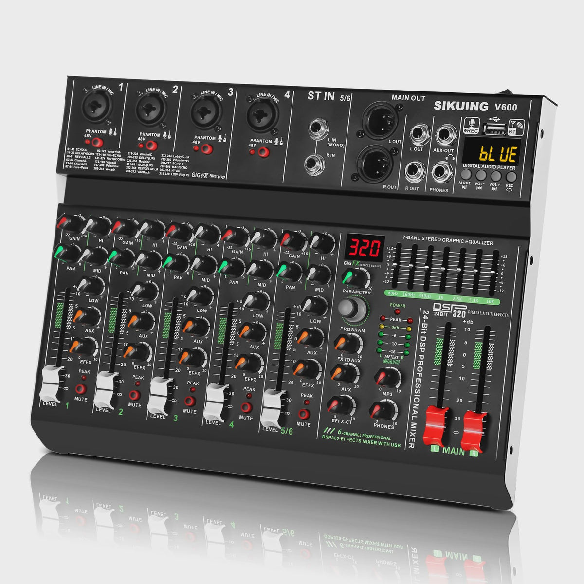 FULUODE V-600 Professionele 6-Kanaals Mixer met 320 DSP Effecten, Bluetooth & 48V Fantoomvoeding