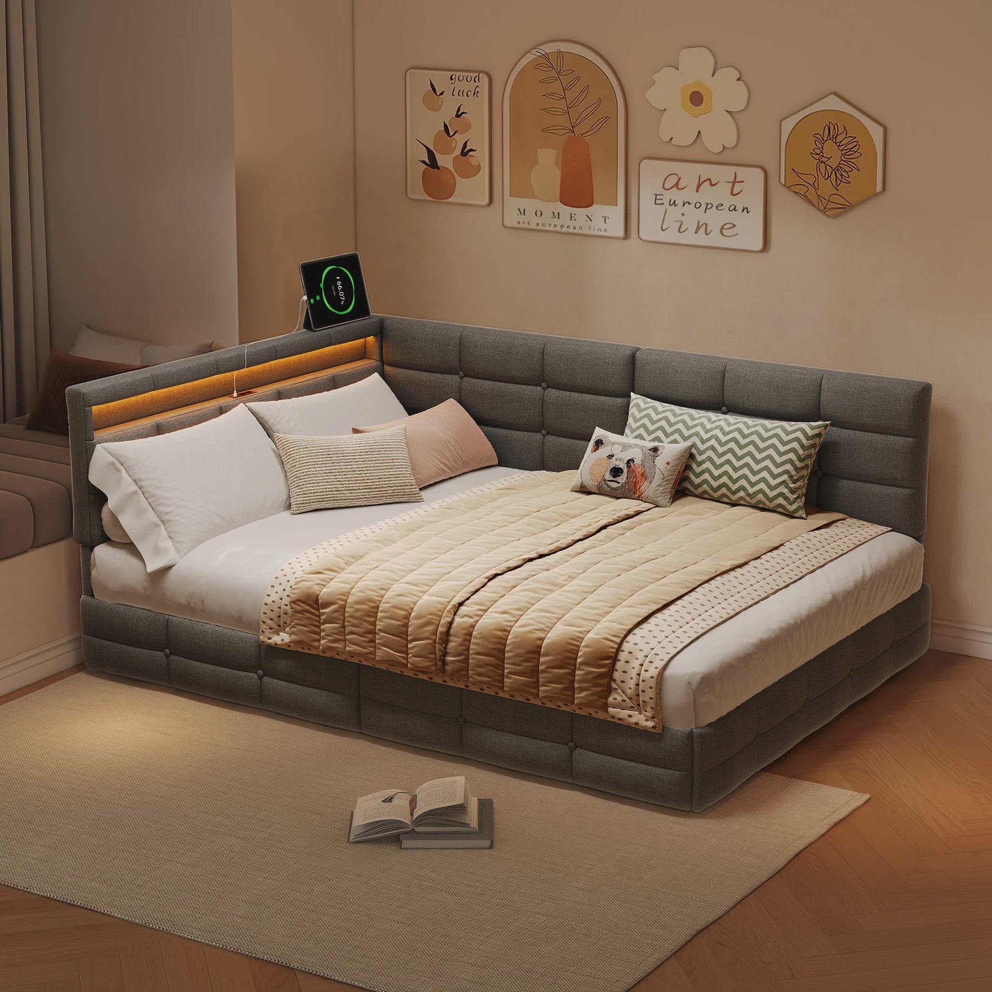 Multifunctioneel Sofa Bed met LED Verlichting, USB Opladen en 2 Lades - 90/140x200cm