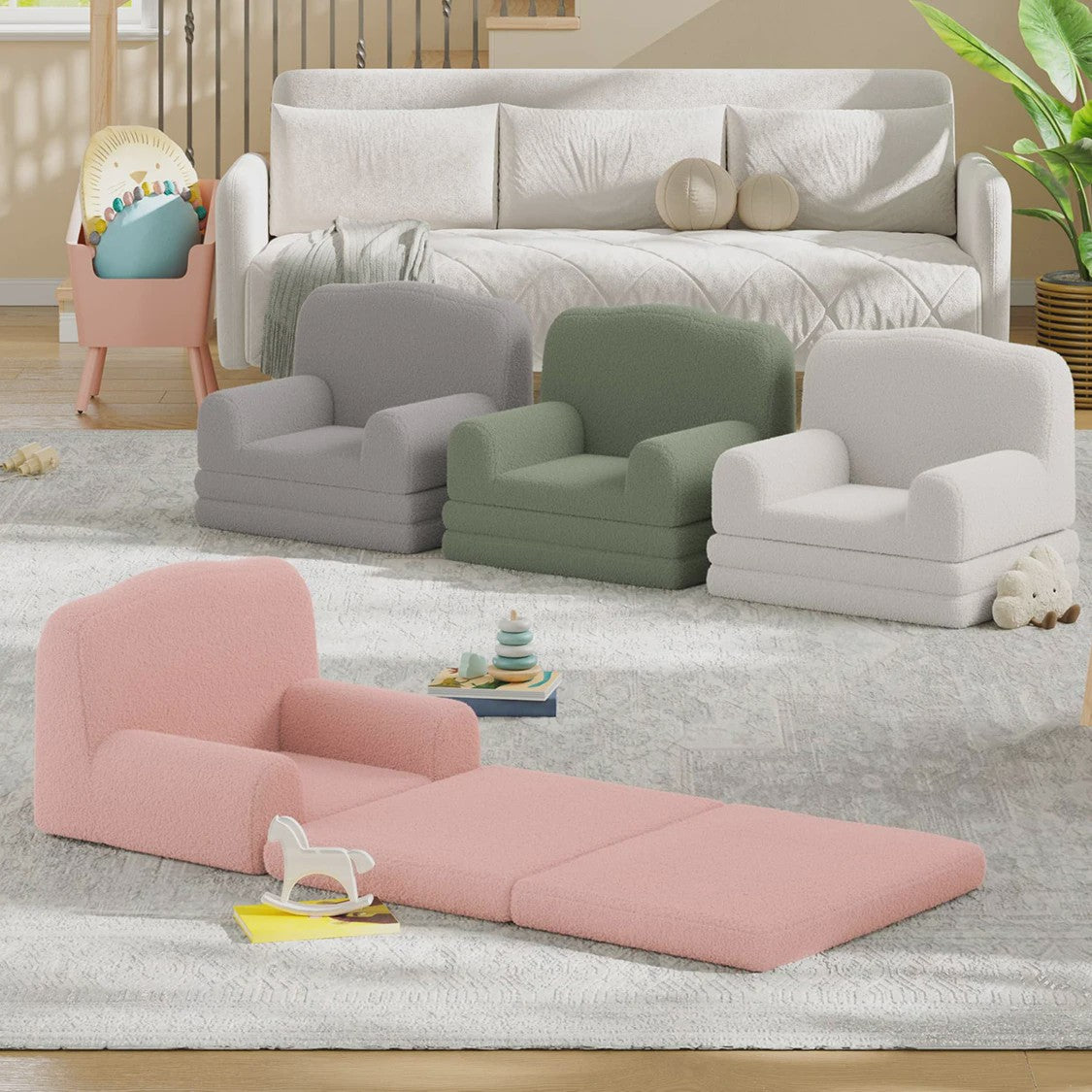 Kinderfauteuil omklapbaar tot slaapbank - Zachte Sherpa stof, Kroon design