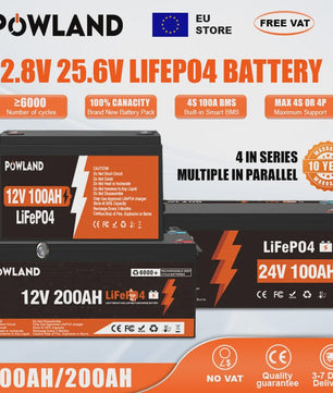 POWLAND LiFePO4 Accu 100Ah/200Ah/300Ah - 12V/24V - Solar Energie Opslag, RV, Boot, Camping - 6000+ Cycli