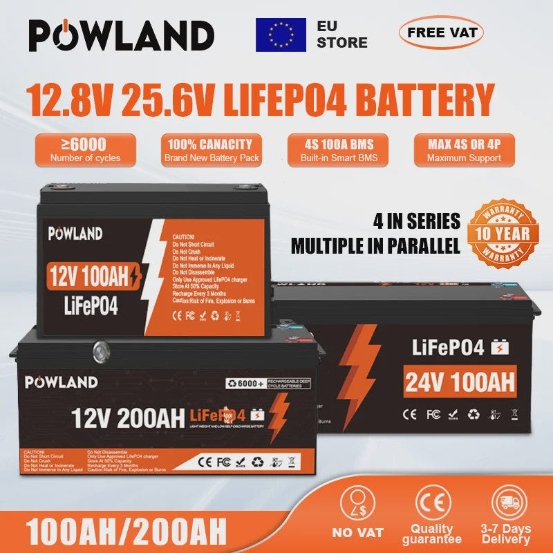 POWLAND LiFePO4 Accu 100Ah/200Ah/300Ah - 12V/24V - Solar Energie Opslag, RV, Boot, Camping - 6000+ Cycli