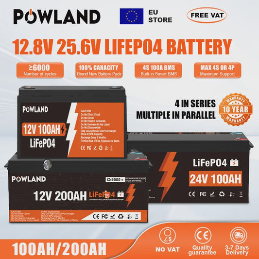 POWLAND LiFePO4 Accu 100Ah/200Ah/300Ah - 12V/24V - Solar Energie Opslag, RV, Boot, Camping - 6000+ Cycli