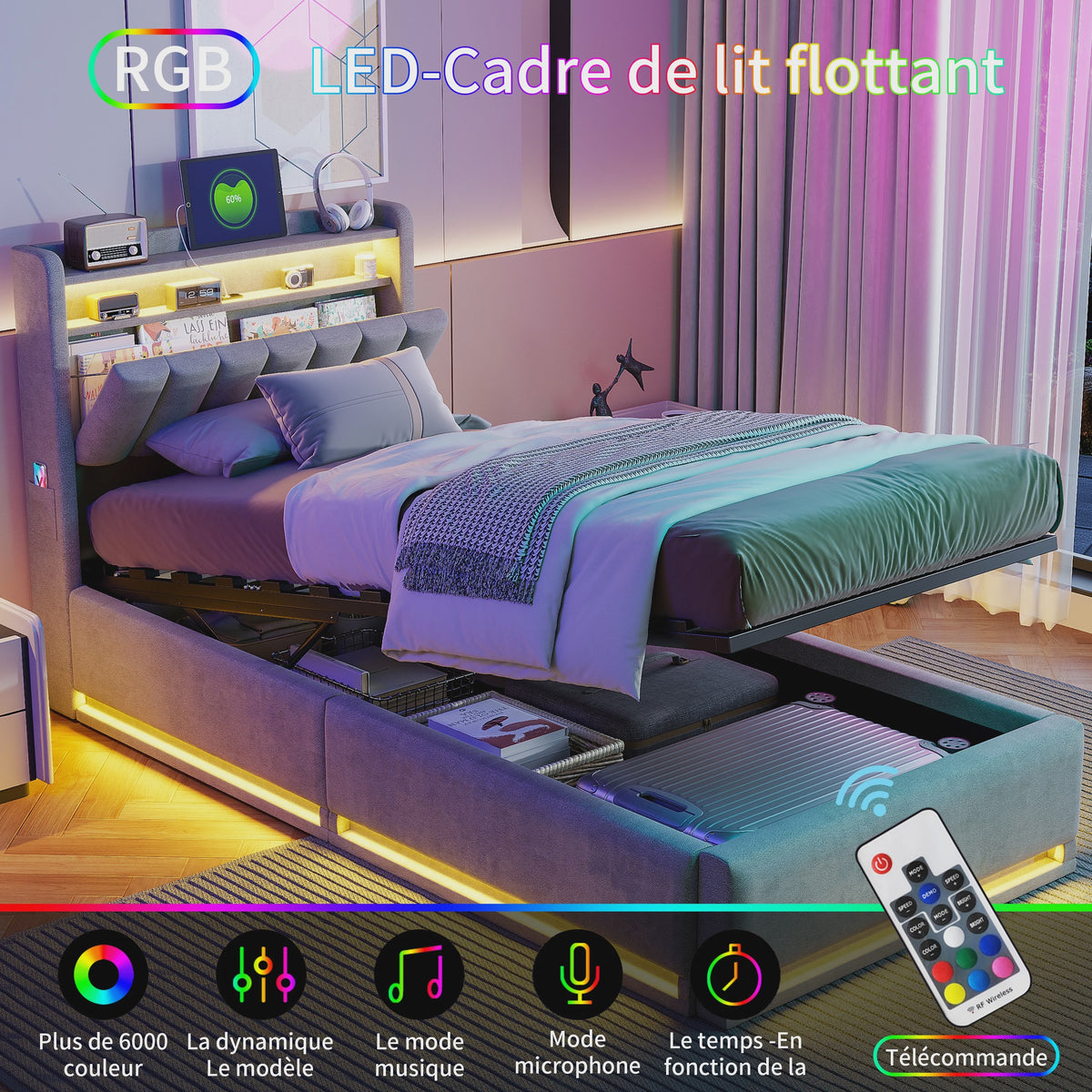 Luxe Boxspringbed met LED-verlichting, USB-poorten en Opbergruimte - Velvet Stof