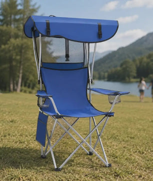 Comfortabele Campingstoel met Zonnedak, Bekerhouders en Opbergvak - Blauw