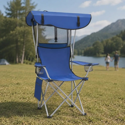 Comfortabele Campingstoel met Zonnedak, Bekerhouders en Opbergvak - Blauw
