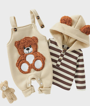 Schattige Baby Jongens Outfit: Gestreept Hoodie met Beren Overall