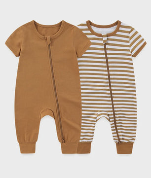 Zachte Katoenen Romper voor Baby Jongen en Meisje - Unisex Korte Mouw met Ritssluiting (2 Stuks)