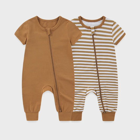 Zachte Katoenen Romper voor Baby Jongen en Meisje - Unisex Korte Mouw met Ritssluiting (2 Stuks)