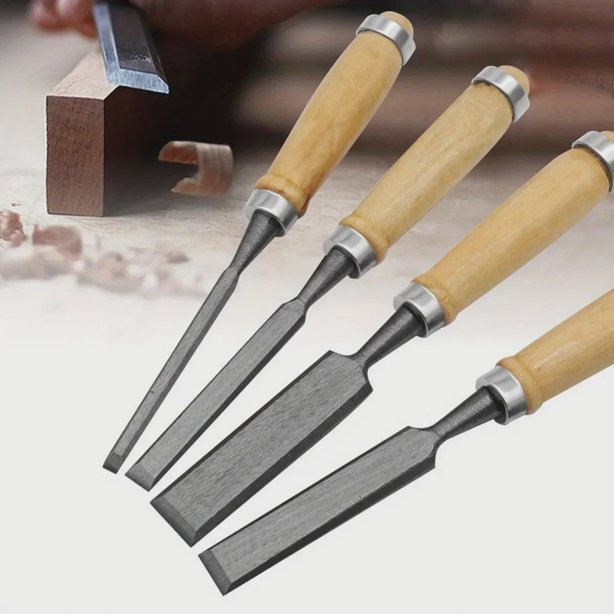 Set van 4 Beitelhoutbeitels met Beukenhouten Handvat - 8/12/16/20mm