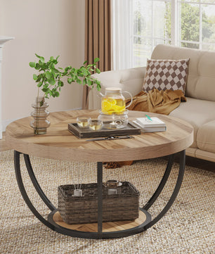 Industriële Ronde Salontafel 80cm met 2 Lagen Opslag - Modern Hout & Metaal