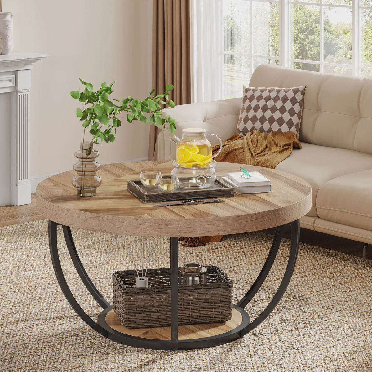 Industriële Ronde Salontafel 80cm met 2 Lagen Opslag - Modern Hout & Metaal